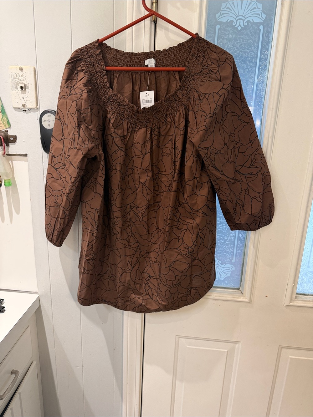 J. Jill Brown Floral Smocked-Neck Tunic